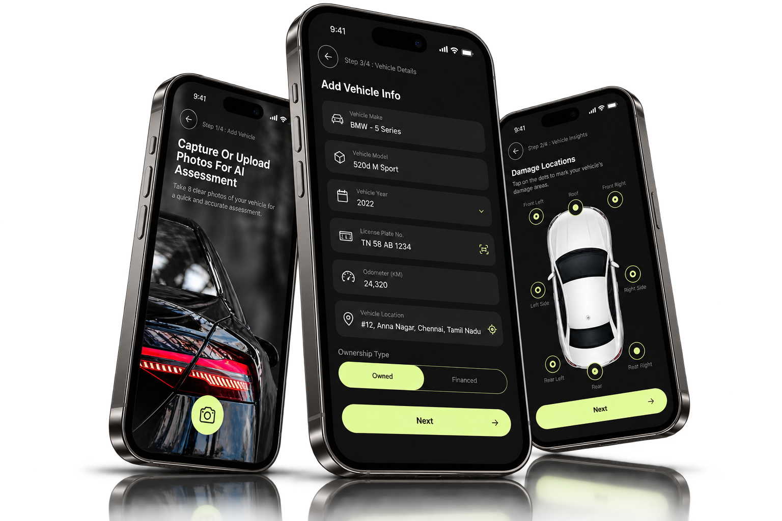 CoverRide case-study hero with vehicle capture, details and damage inspection screens