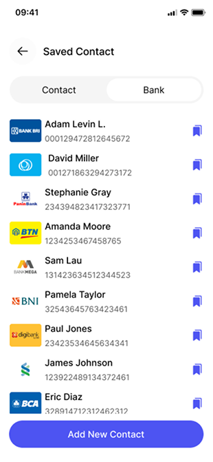 Saved contacts screen
