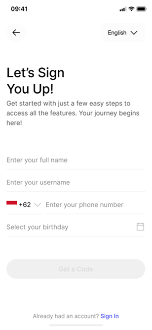 Create an account screen