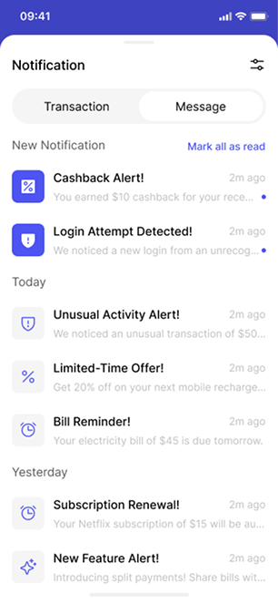Account messages screen