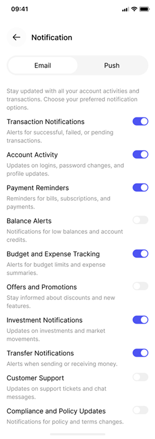 Transaction notifications screen