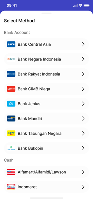 Select payment method screen