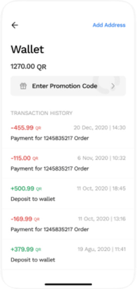 Wallet — transaction history — QuickCart screen