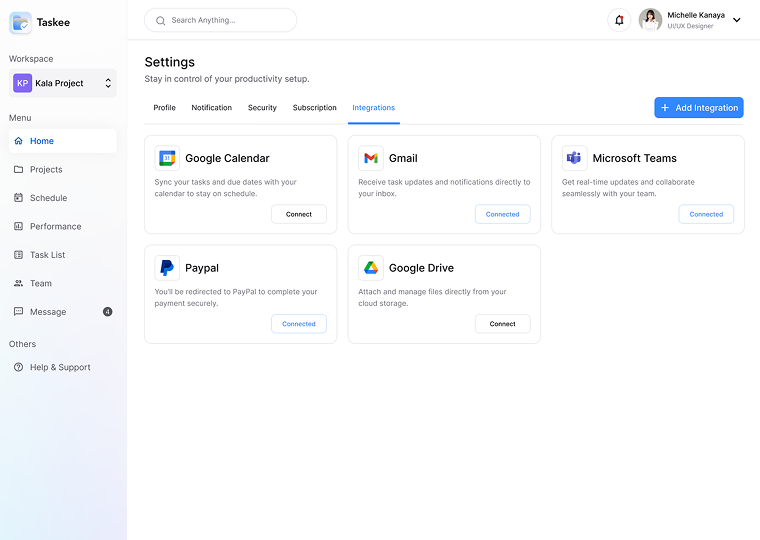 Integration settings — Taskee screen