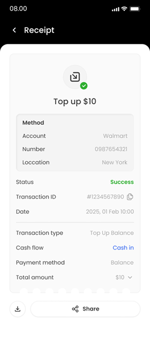 Top-up receipt — ZapPay screen