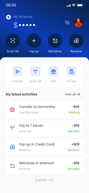 Wallet home — ZapPay screen