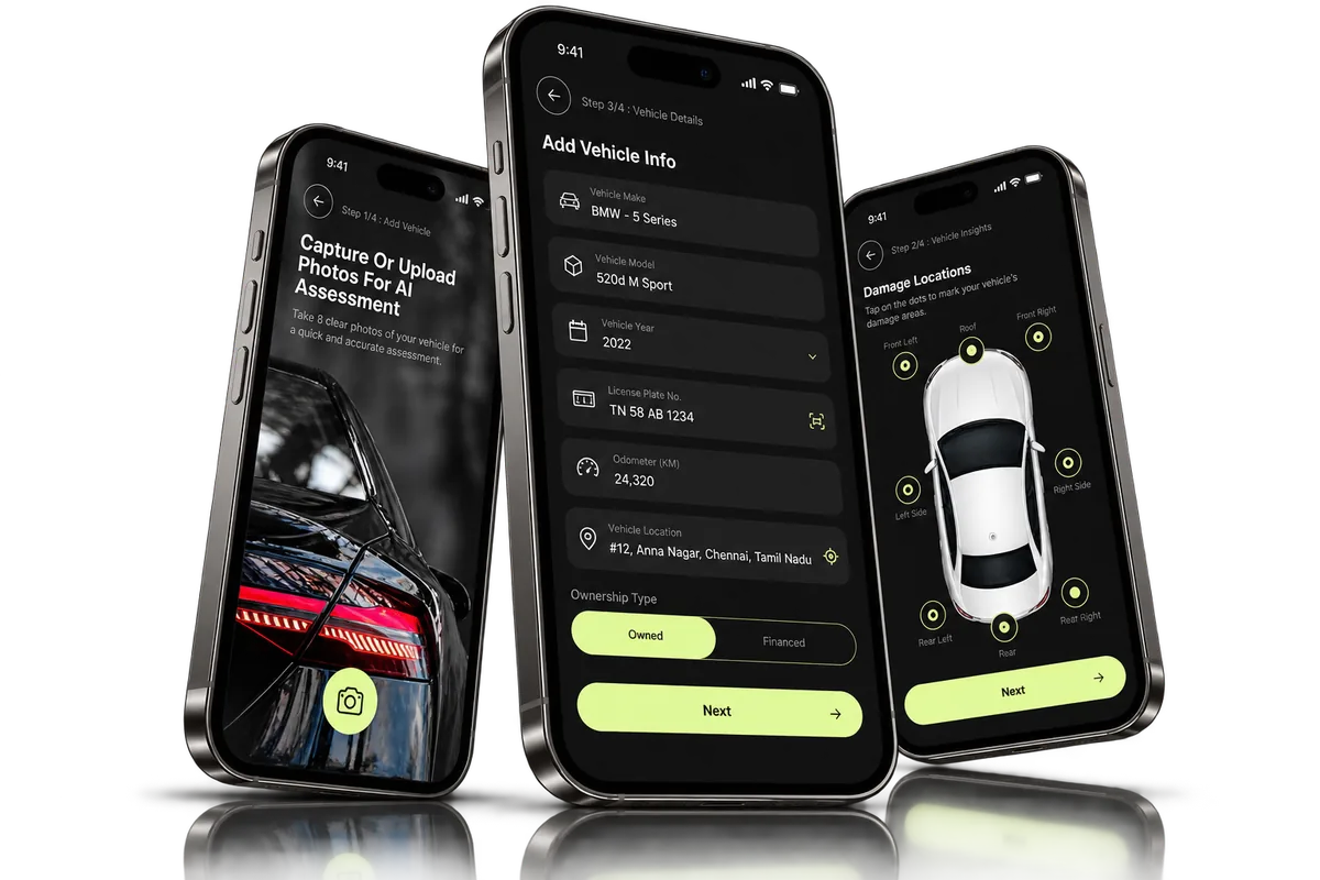 CoverRide case-study hero with vehicle capture, details and damage inspection screens